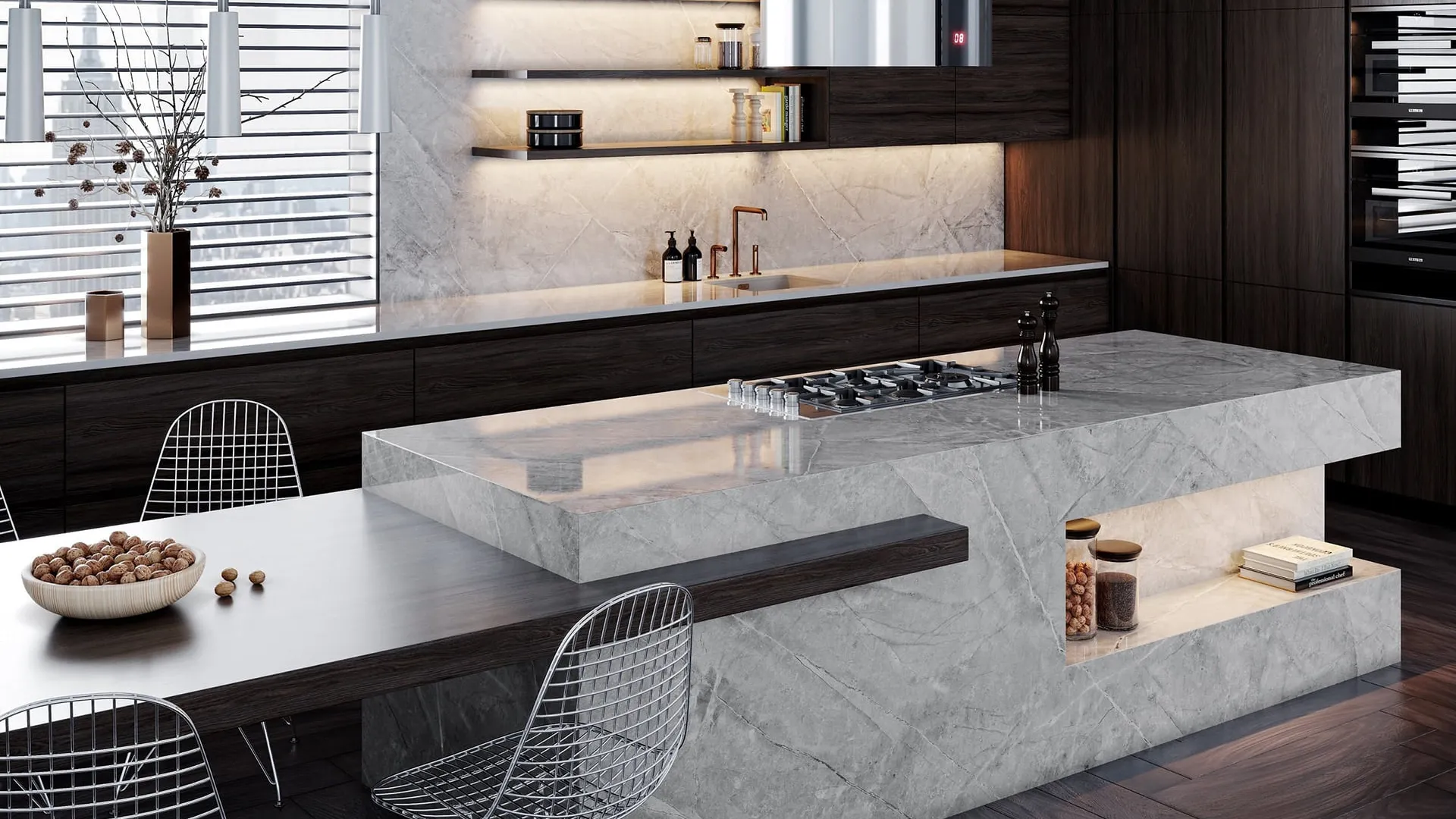 Bancada de cozinha em Quartzito Taj Mahal mostrando detalhes da pedra e seu acabamento premium.